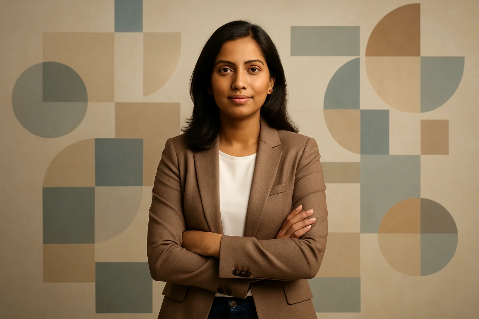 High-resolution portrait of confident Bangladeshi woman in smart casual on abstract settings-themed background