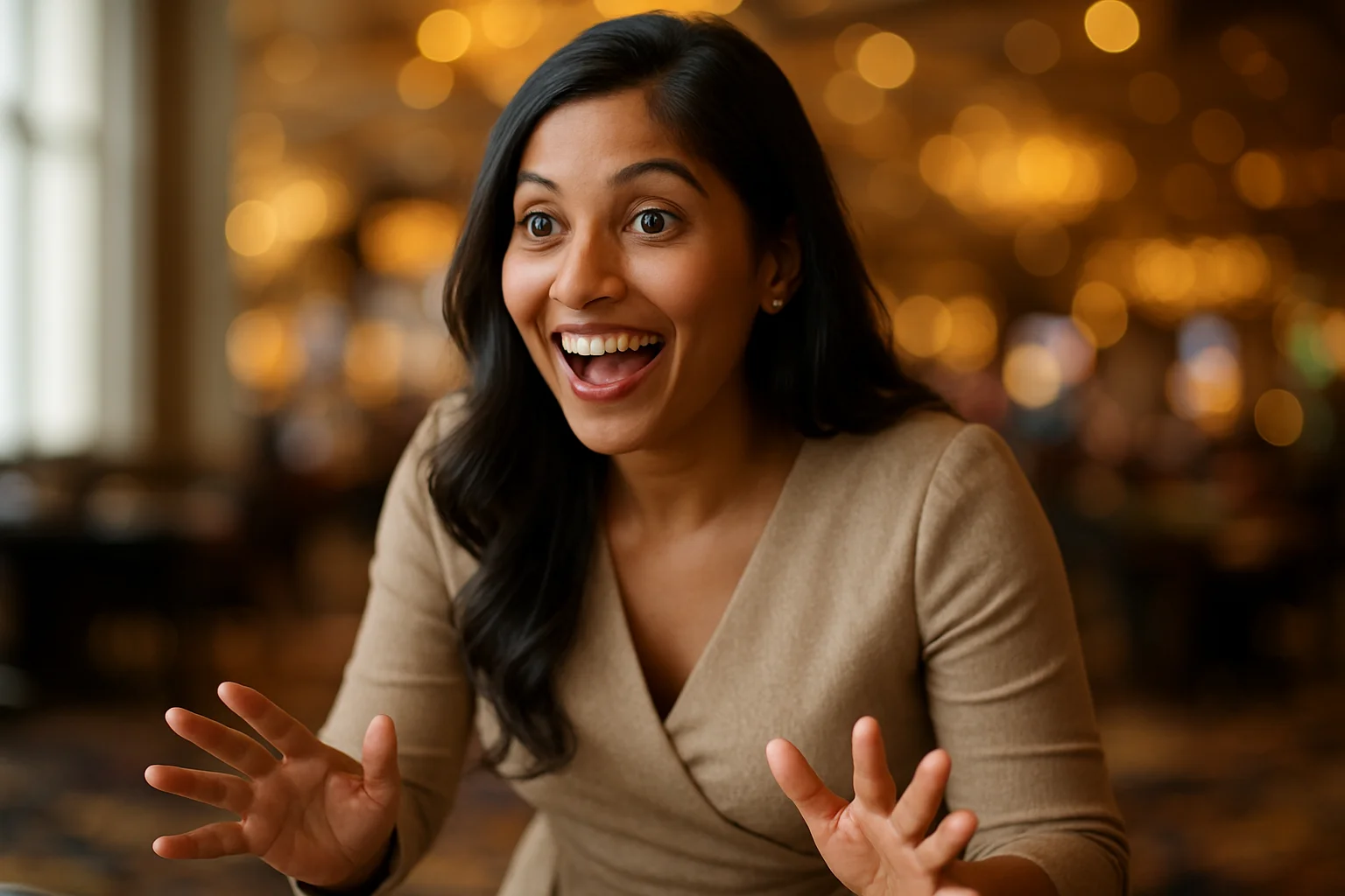 Excited Bangladeshi woman portrait with bokeh casino lights in gold tones