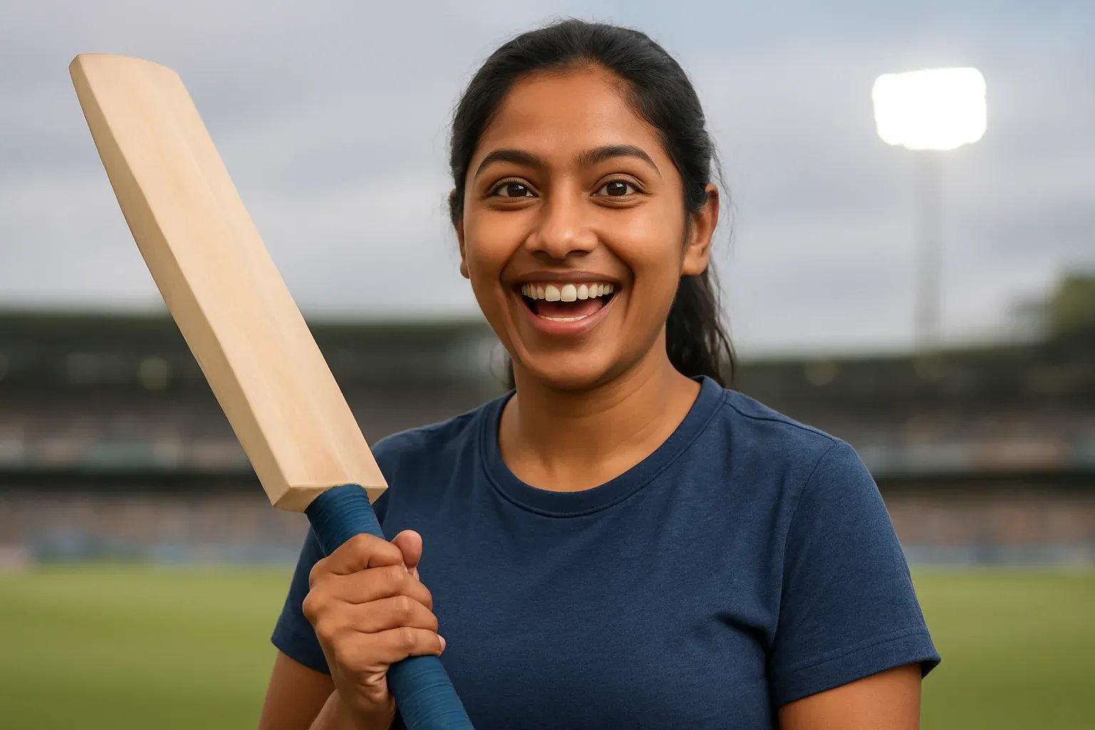 Excited Bangladeshi woman holding cricket bat in stadium background
