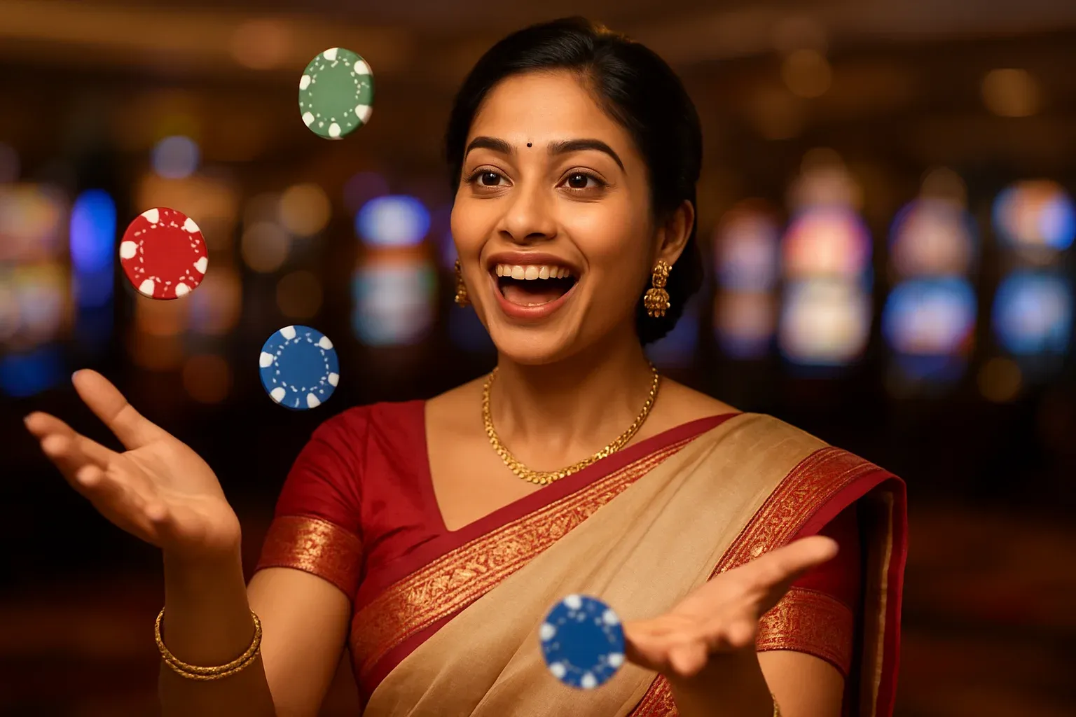 Excited Bangladeshi woman in elegant saree catching falling casino chips