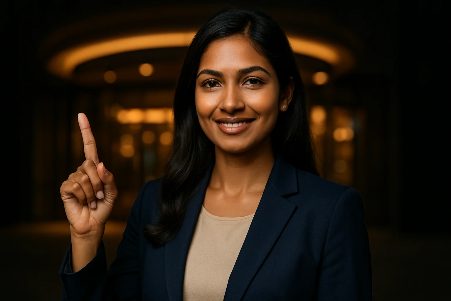Sophisticated Bangladeshi woman pointing upward, smiling, blurred casino entrance background