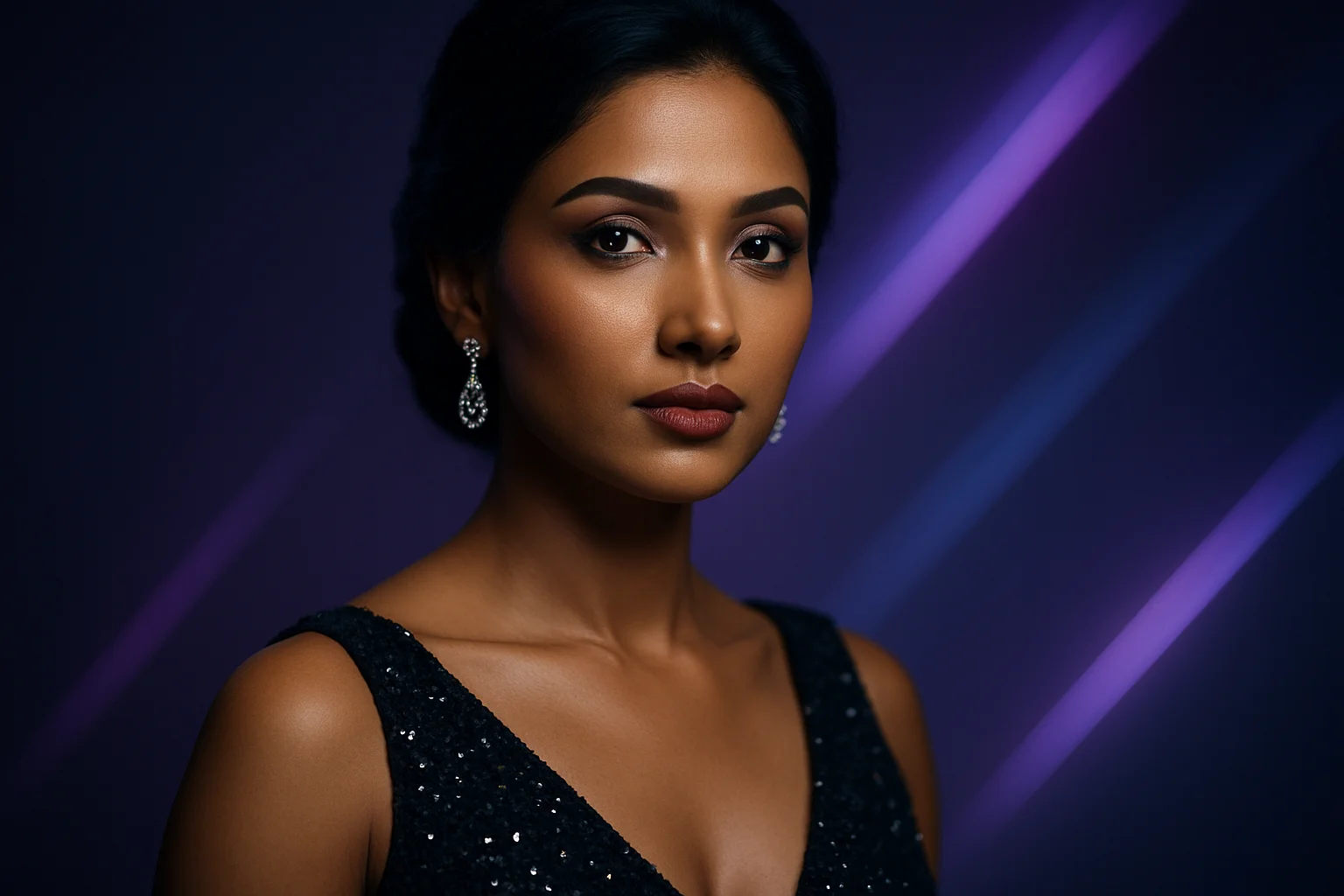 High-resolution portrait of sophisticated Bangladeshi woman in evening dress
