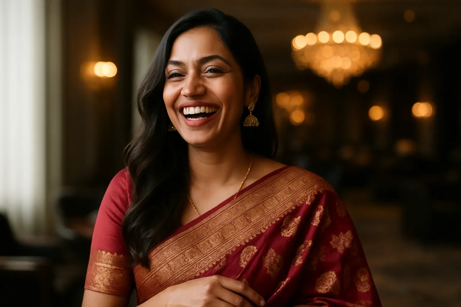 Sophisticated Bangladeshi woman in elegant saree laughing in VIP casino lounge