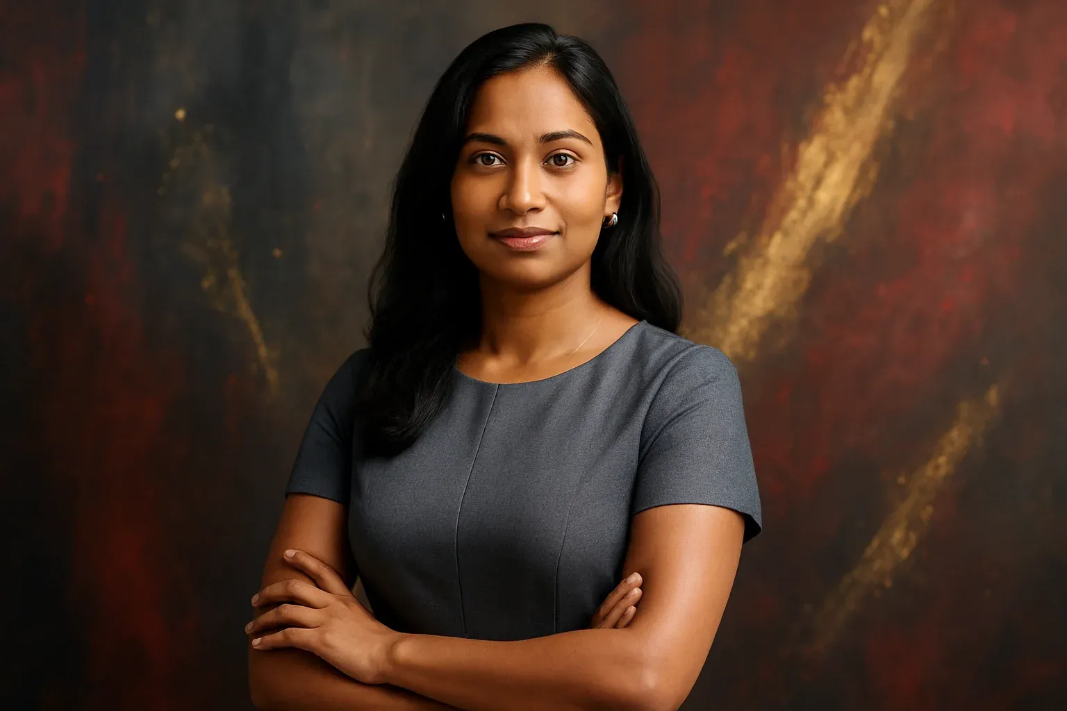 High-resolution portrait of confident Bangladeshi woman with gold and red accent lighting
