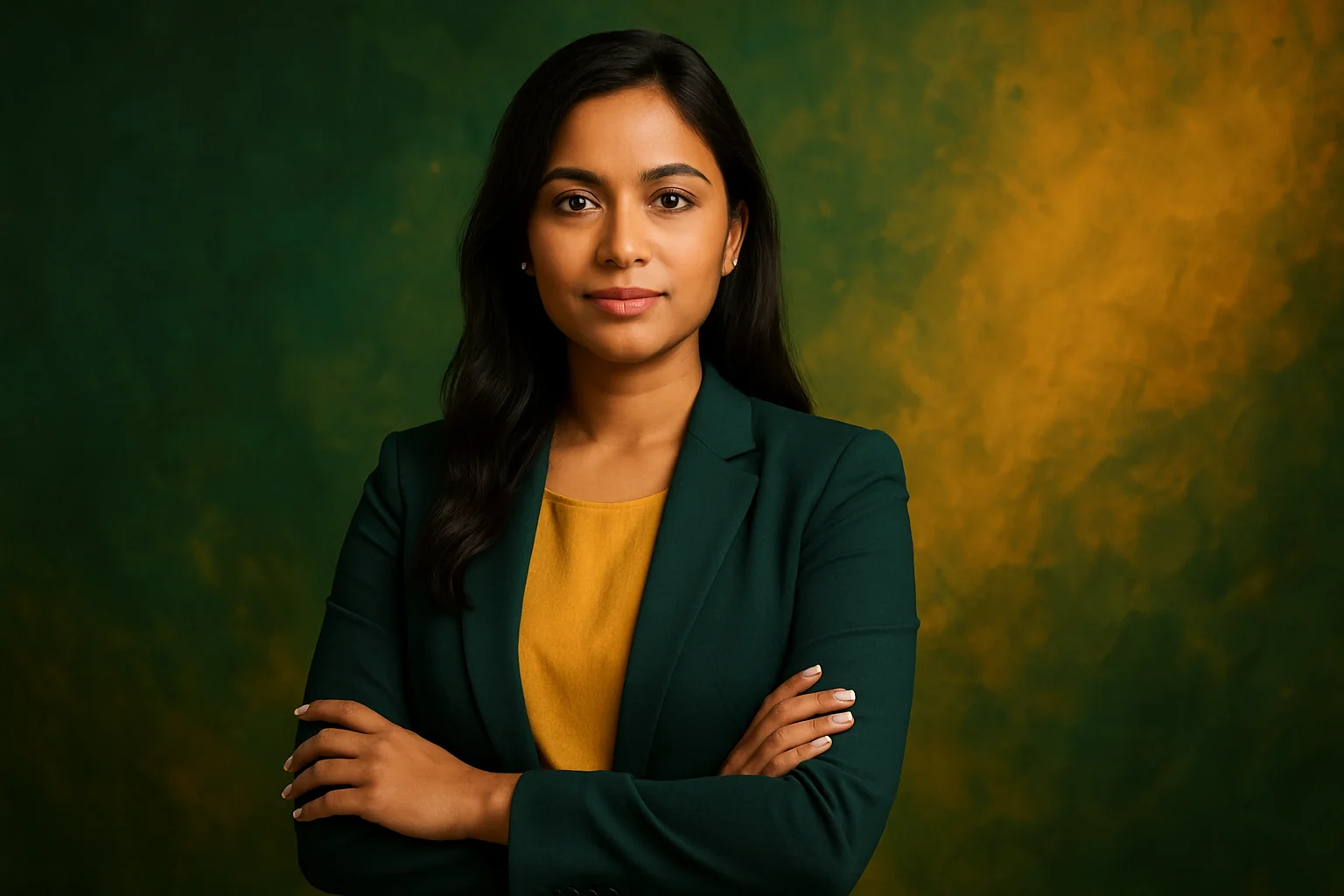 High-resolution portrait of confident Bangladeshi woman on colorful adventure background