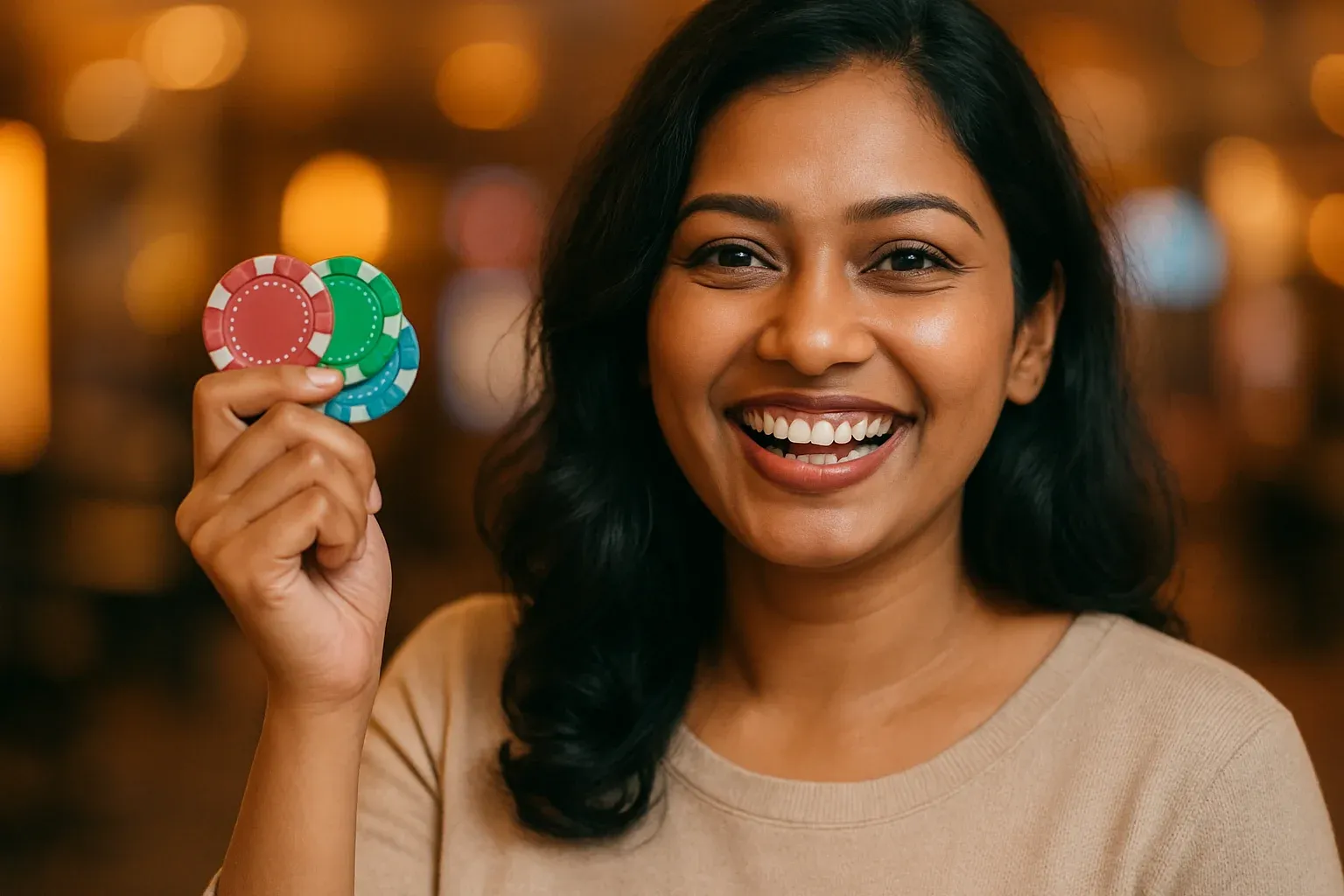 Joyful Bangladeshi woman holding casino chips, blurred neon casino background
